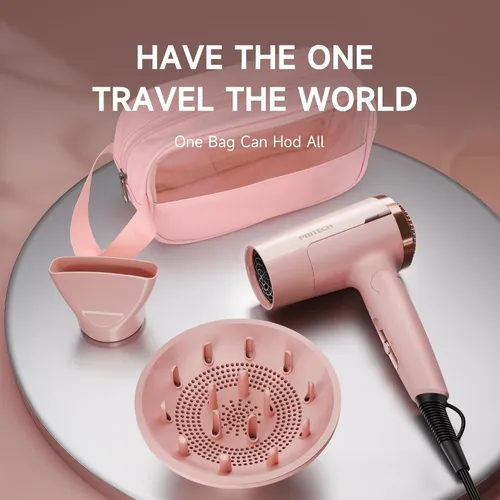 Vista 6 de PRITECH - Secador de pelo de viaje de doble voltaje de 1250 W con difusor, plegable Pink Blow Dryer with Concentrator,110V/220V Worldwide Use,Mini