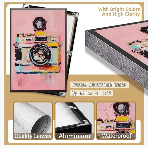 Vista 2 de Lienzo moderno para cámara, arte de pared con acuarela, póster de cámara preppy para fotógrafo, regalo Y2K, impresiones estéticas para habitación