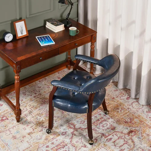 Vista 6 de Sillas de comedor con ruedas y brazo, sillas de capitán Caster Boss con patas de madera maciza, sillas de escritorio de oficina con botón tapizado