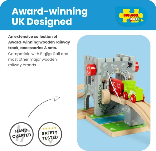 Vista 2 de Bigjigs Rail Puente levadizo de castillo de madera Accesorios de juguete para el juego clásico de pistas de tren de madera Regalos temáticos