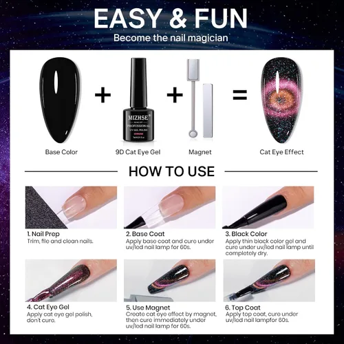Vista 8 de MIZHSE Esmalte de uñas de gel de ojo de gato, 10 colores, juego de esmalte de gel magnético con purpurina con barra magnética, efecto galaxia