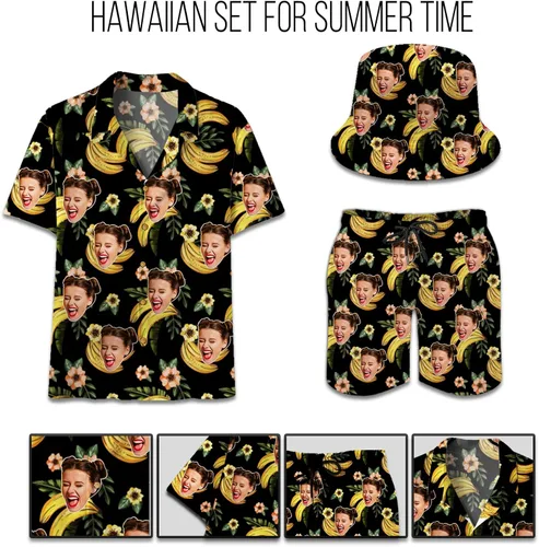 Vista 3 de The Mighty Myth Personalized Custom Face Tropical Unisex Hawaiian Shirt and Shorts Set with Bucket Hat S-5XL