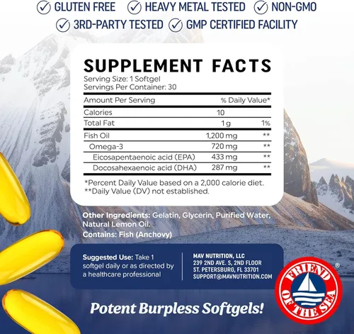 Vista 5 de Aceite de pescado Omega 3 Triple Strength 1200 mg EPA y DHA Ácidos grasos omega-3 capturados en la naturaleza y de origen sostenible