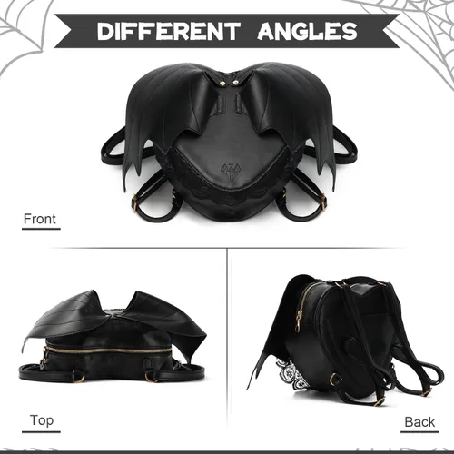 Vista 3 de Oweisong Bolso de Halloween para mujer, con alas de murciélago, gótico, color negro, mochila gótica, de cuero, con tela de araña, bolsa de hombro