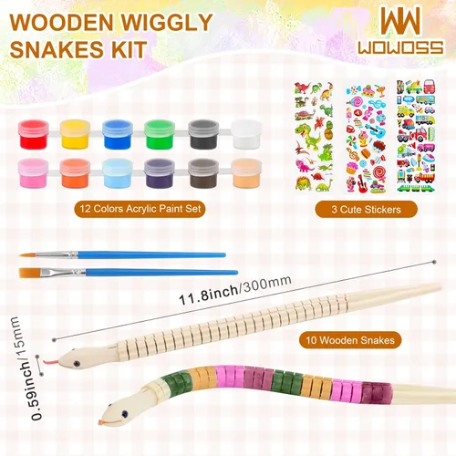 Vista 2 de Juego de 12 serpientes Wiggly de madera sin terminar, juguete de serpiente de madera pintable de 12 pulgadas con pinturas acrílicas, manualidades