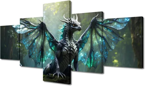 Vista 52 de Lienzo decorativo para pared de sala de estar, lienzo de dragón, 5 paneles, dragón verde, decoración de pared para el hogar, decoración de pared