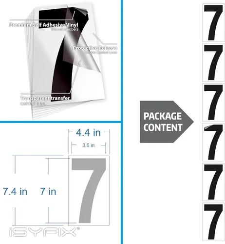 Vista 6 de iSYFIX Calcomanías de vinilo negro con el número 7 (siete), paquete de 6 calcomanías autoadhesivas de 7 pulgadas, calcomanías troqueladas y Negro