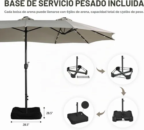Vista 6 de MONDAWE Paraguas de patio de 15 pies con luces solares (base incluida) sombrilla grande de doble cara de aluminio rectangular de aluminio para mesa