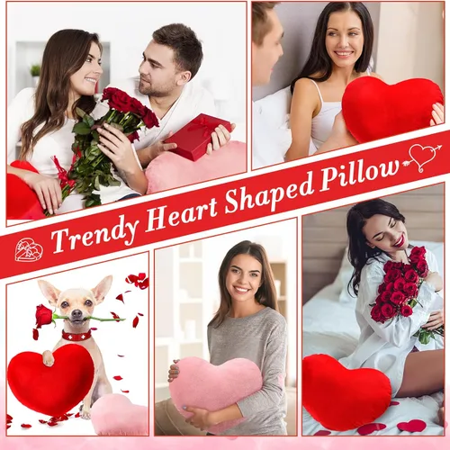 Vista 4 de Queekay 4 piezas de almohada de corazón de San Valentín lindo cojín de peluche en forma de corazón, almohada decorativa de peluche para amigos, Rosa
