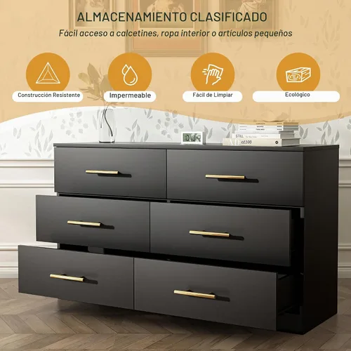 Vista 3 de Spaco Cómoda negra de 6 cajones con mango dorado, cómoda moderna de 6 cajones profundos para dormitorio, cómoda de almacenamiento para armario, sala