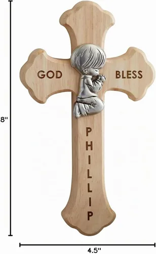 Vista 2 de Personalization Universe Prayerful Boy - Cruz de madera grabada para bautismo y primera comunión, decoración de pared cristiana, cruz de pared
