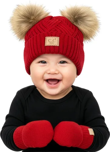 Vista 23 de Funky Junque Conjunto de gorro y mitones con doble pompón de pelo sintético para bebé – Gorro de invierno para recién nacidos de 0–9 meses