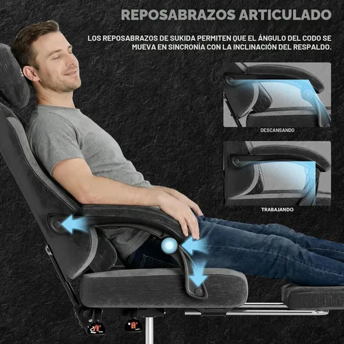 Vista 8 de SUKIDA Silla ergonómica de videojuegos de tela, sillas ergonómicas de respaldo alto para juegos de computadora con gran masaje ajustable, soporte