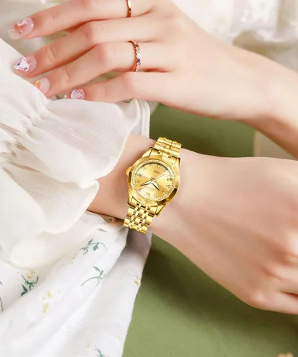 Vista 4 de OLEVS Reloj de pulsera para mujer, elegante, con diamantes, analógico, de cuarzo, de dos tonos, de acero inoxidable, impermeable, luminoso, regalo