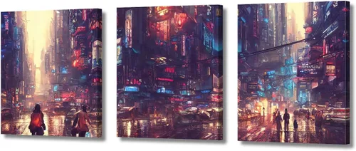 Vista 78 de Cuadros de 3 paneles de Cyberpunk City - Arte de pared de vallas publicitarias de edificios modernos en la capital con obras de arte modernas
