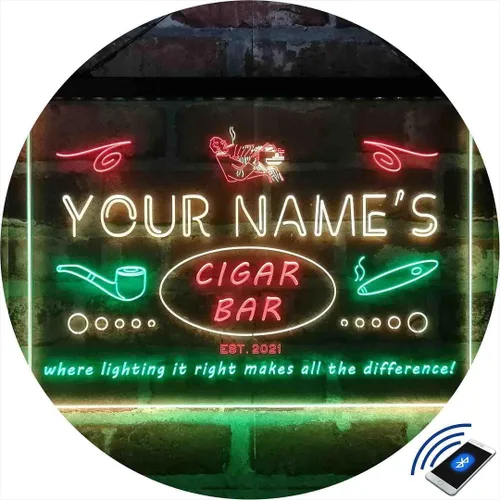 Vista 3 de Personalized Cigar Bar Lounge Tri-Color LED Neon Light Sign Customize Name Date Text Quote Font Green & Red & Yellow 13 x 8.7 Inches