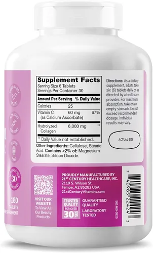 Vista 8 de 21st Century Super Collagen Plus - Tabletas de vitamina C, 6000 mg, 180 Colágeno de 6000 mg por porción con vitamina C para ayudar a mantener