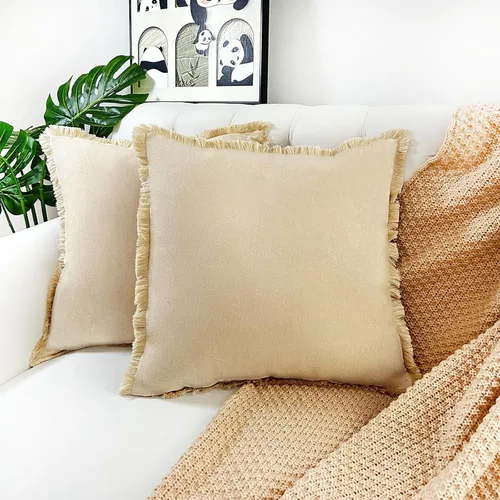 Vista 10 de Juego de 2 fundas de almohada decorativas marrones de 18 x 18 pulgadas, fundas de almohada modernas de granja con borlas de flecos, suaves