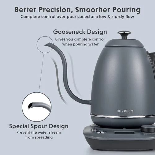 Vista 4 de BUYDEEM K821 - Hervidor eléctrico de cuello de cisne con control de temperatura variable, tetera para verter sobre el café, acero inoxidable 18/8