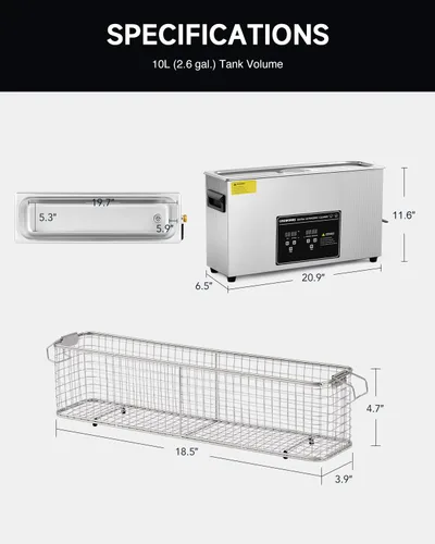 Vista 8 de CREWORKS Limpiador ultrasónico digital de 10L para objetos alargados, limpiador ultrasónico profesional de piezas de 240W con calentador