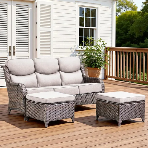 Vista 28 de Sofá de lujo para patio al aire libre, sofá de mimbre resistente para todo tipo de clima, sofá de 3 plazas con asiento profundo y funda extraíble