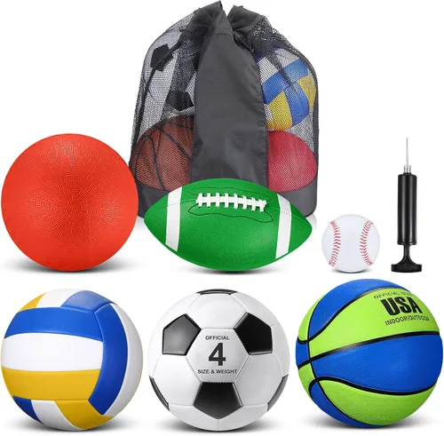 Vista 10 de Realspring Juego de 6 pelotas deportivas múltiples para niños y adolescentes, tamaño oficial, fútbol, voleibol, pelota de juegos infantiles, béisbol