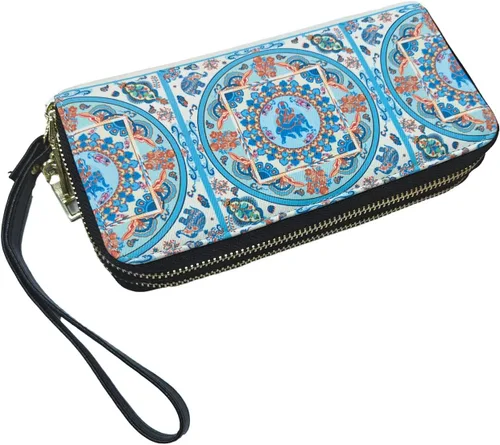Vista 7 de LATH.PIN Cartera bohemia con bloqueo RFID, bolso de lona con patrón de elefante con bolsillo para monedas y correa