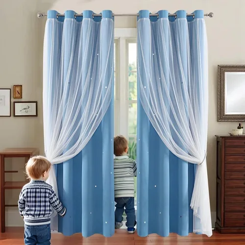 Vista 4 de Abreeze - Cortinas blackout con estrellas, de doble capa, con velo blanco y ojales superiores, para combinar, ideal para sala, y dormitorio, 1 panel
