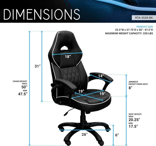 Vista 3 de Techni Mobili Silla ejecutiva de piel sintética con reposabrazos acolchados, silla de oficina de estilo de carreras ajustable en altura con control