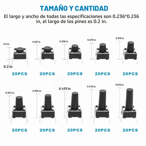 Vista 2 de QTEATAK - Juego surtido de 200 piezas de 10 pines de 0.236 x 0.236 in de 0.236 x 0.236 in, interruptor de botón táctil micro momentáneo El kit