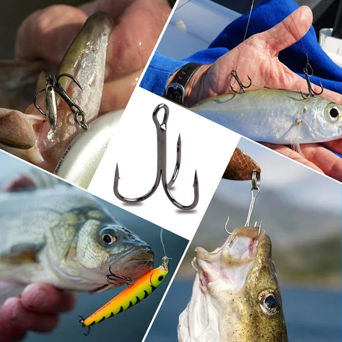 Vista 6 de Anzuelos triples de pesca de acero de alto carbono con púas afiladas redondas curvadas para cebo de señuelos duros
