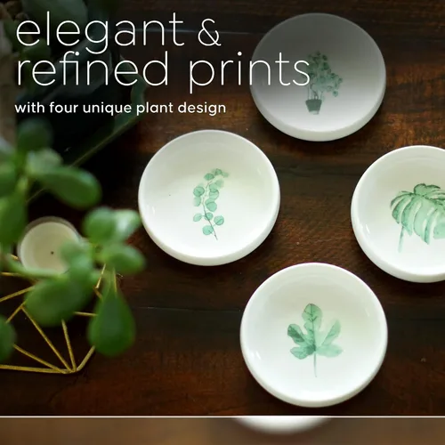 Vista 4 de Juego de 4 platos de cerámica para anillos, soporte para anillos o plato de baratija a granel con diseño decorativo de plantas, decoración de baño