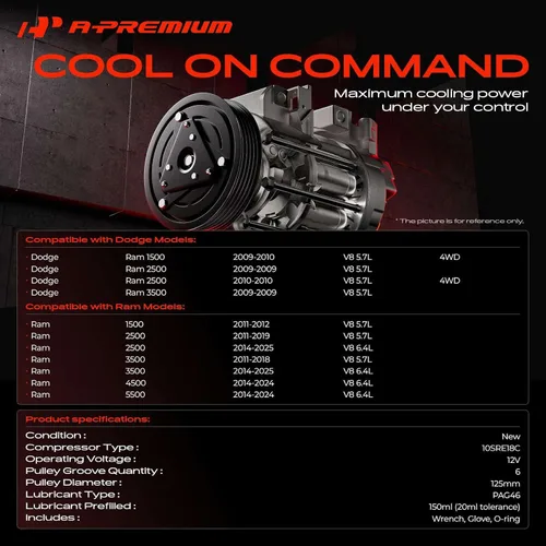 Vista 2 de A-Premium Compresor de Aire Acondicionado AC con Embrague Compatible con Modelos Dodge & Ram 1500 2500 3500 4000 4500 5500 5.7L 6.4L