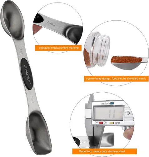 Vista 2 de Juego de 8 cucharas medidoras magnéticas de acero inoxidable apilables de doble cara Cuchara medidora de mango largo para medir ingredientes secos