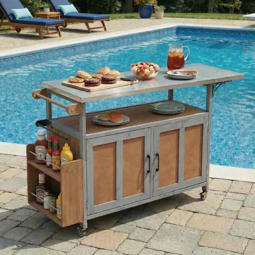 Vista 15 de JIVOIT Isla de cocina al aire libre de 78.3 pulgadas con mesa plegable, carrito de madera para exteriores con almacenamiento de basura y parte
