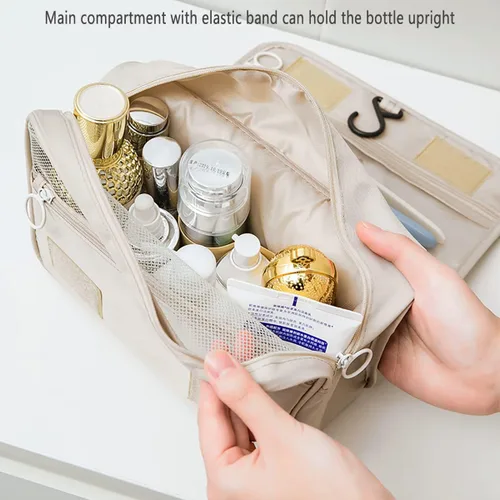 Vista 3 de Neceser de viaje colgante para mujer, bolsa de maquillaje resistente al agua, organizador de cosméticos para accesorios de viaje, artículos de Beige