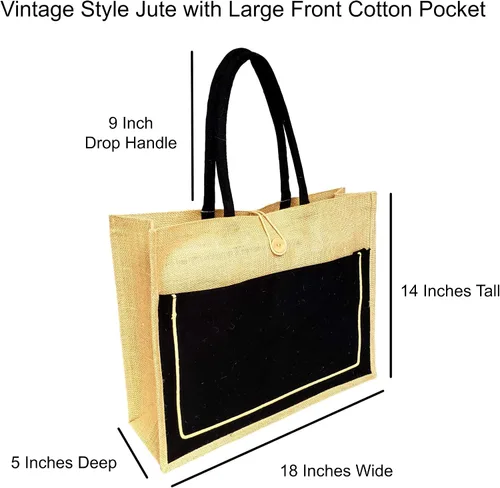 Vista 6 de SONA G DESIGNS Yute de estilo vintage con bolsillo de algodón negro reutilizable bolsa de compras grande