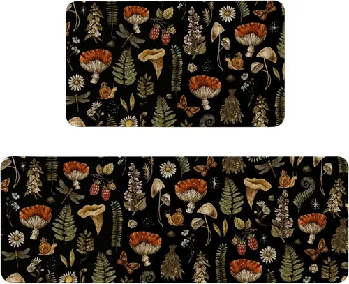 Vista 24 de Alfombras de Cocina Vintage Negras y Verdes Botánicas, Juego de 2 Alfombras de Cocina Antideslizantes Lavables, Tapetes de Cocina con Helechos
