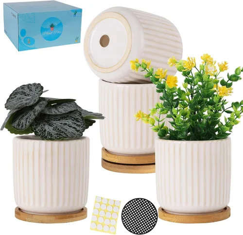 Vista 10 de Macetas pequeñas de 4 pulgadas para interiores, maceta de cerámica con orificio de drenaje y bandeja, maceta moderna con patrón vertical