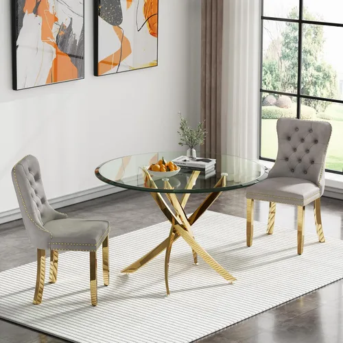 Vista 108 de Juego de mesa de comedor SSLine moderno de 3 piezas con mesa redonda de vidrio para 2, lujosa mesa de comedor circular de 36" con tapa de vidrio