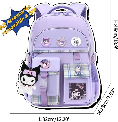 Vista 3 de HAPIKI Mochila Kawaii con accesorios lindos para jardín de infantes con lindo pin Kuromi mochila de felpa Sanrio, Púrpura