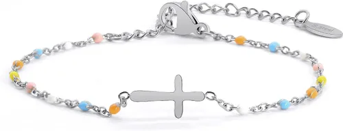 Vista 16 de Pulsera de Cuentas con Cruz Chapada en Oro de 14K para Mujeres, Pulsera de Acero Inoxidable Ajustable con Cruz de Fe Religiosa, Pulsera de Cadena