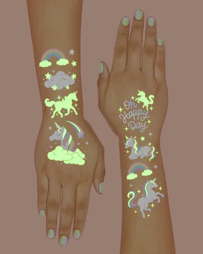 Vista 4 de xo, Fetti Recuerdos de fiesta de unicornio arcoíris – Tatuajes temporales – 46 estilos que brillan en la oscuridad Suministros para fiesta