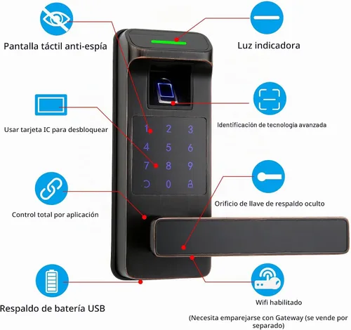 Vista 2 de Cerradura de puerta de huellas dactilares, control completo de aplicación resistente, teclado sin llave con mango reversible, perfecto para puertas
