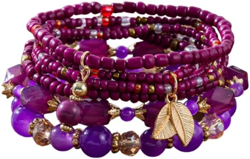 Vista 7 de 4 piezas de juego de pulseras bohemias apilables de múltiples capas con cuentas de cristal coloridas, pulseras elásticas con cuentas de oro Verde