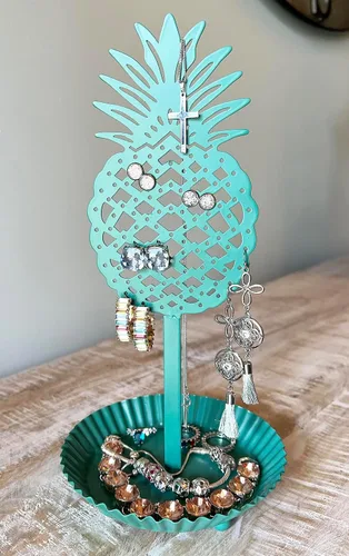 Vista 2 de Organizador de aretes de piña, exhibición de árbol de joyería de pie de metal con bandeja para anillos, decoración de playa tropical costera (verde)