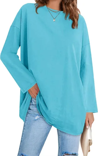 Vista 84 de Fisoew Camisetas de manga larga para mujer, holgadas, casuales, con cuello redondo, blusa suave