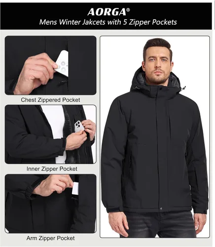 Vista 5 de Chaquetas de esquí para hombre, impermeables, chaquetas de nieve con forro de vellón, aisladas, parka pesada con capucha