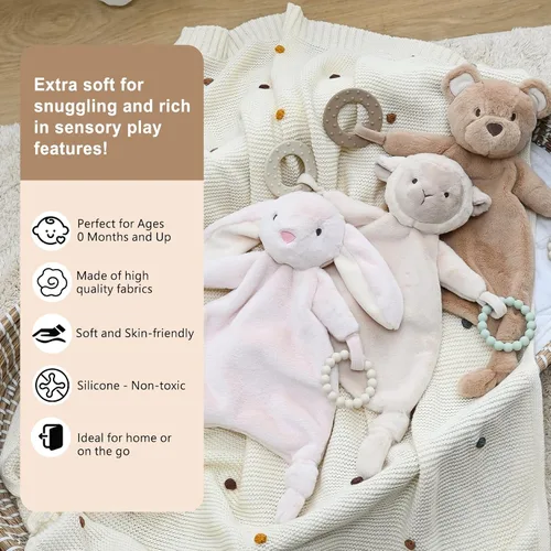 Vista 3 de Loveys para bebés, Lovey incluye mordedor de silicona, manta de seguridad de animales de peluche suave, juguete para acurrucarse, para niños y niñas