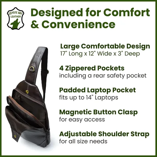 Vista 4 de Coyote Bay® HideSling - Bolso bandolera de cuero de grano completo para laptop, bolso bandolera grande, mochila de cuero para hombres y mujeres